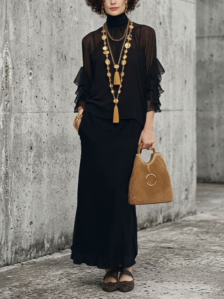 Black Ruffled Layered Chiffon Maxi Set