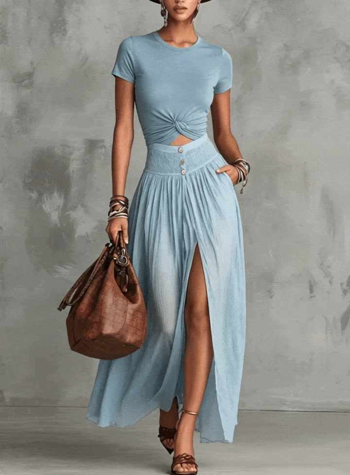 Sky Blue Knot Top & Slit Skirt Set