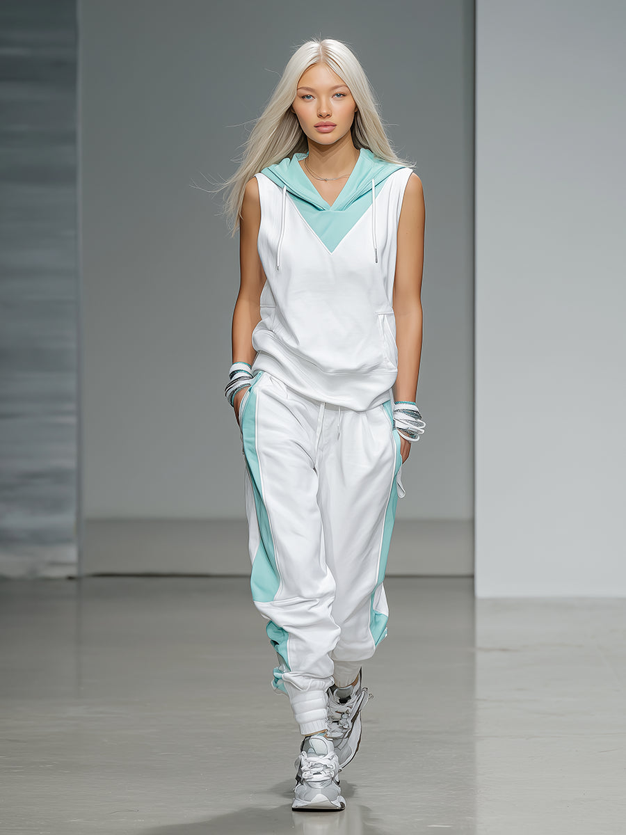 White & Teal Hooded Athleisure Set