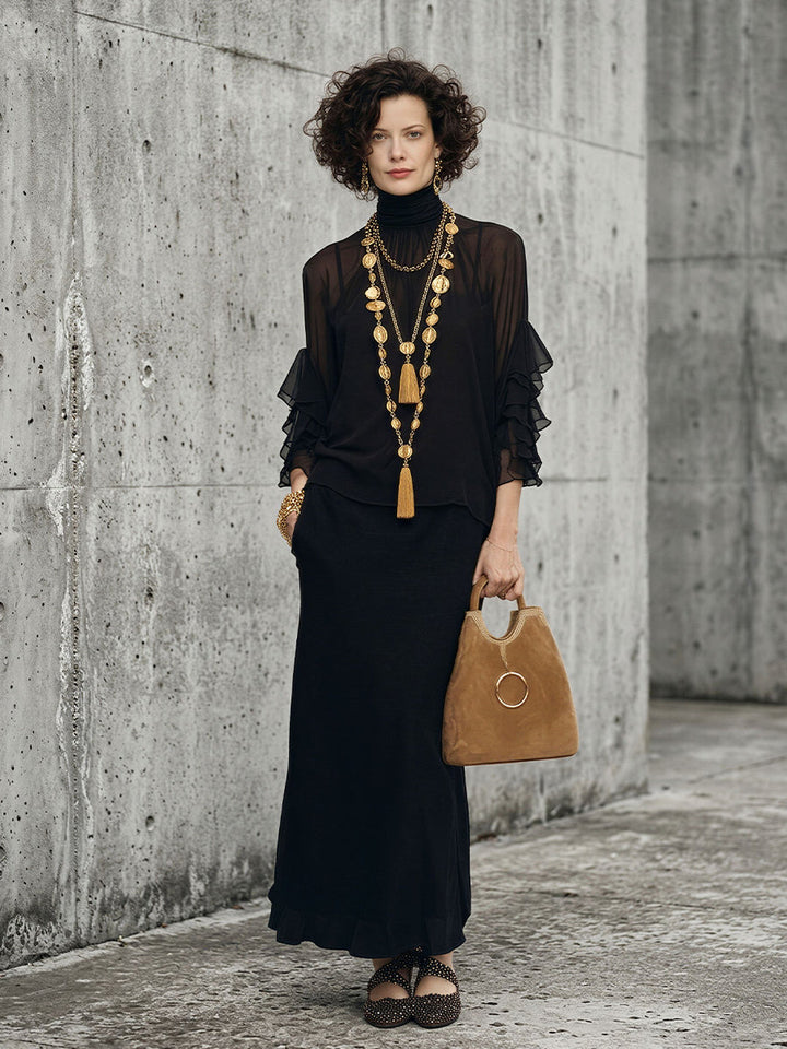 Black Ruffled Layered Chiffon Maxi Set