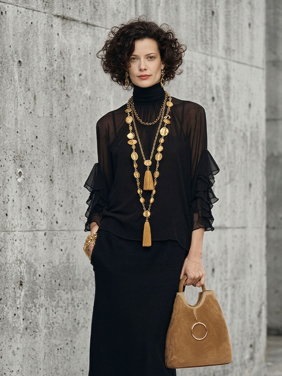Black Ruffled Layered Chiffon Maxi Set