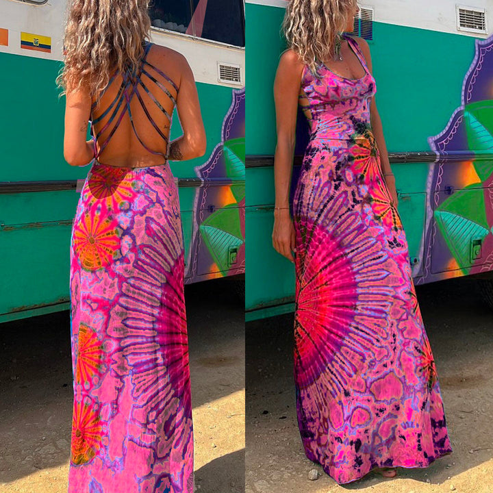 Margovil Criss Cross Backless Tie Dye Maxi Cami Dress