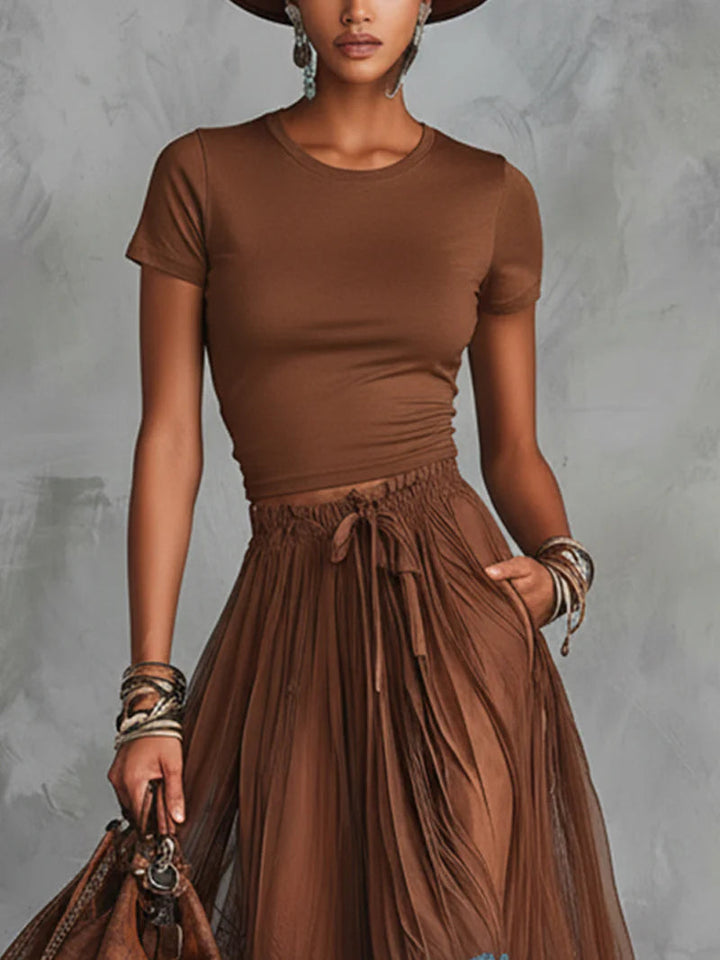 Brown & Blue Lace Tulle Skirt Set