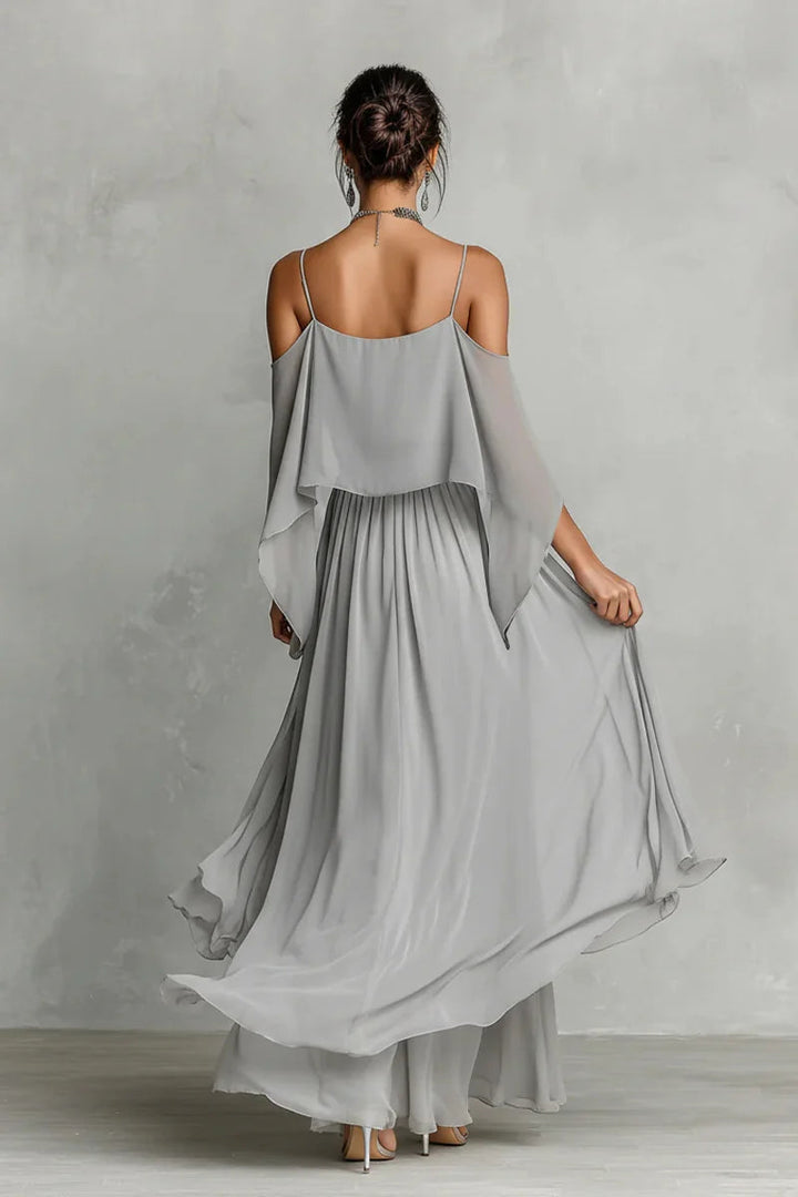 Grey Chiffon Cold-Shoulder Two-Piece Set