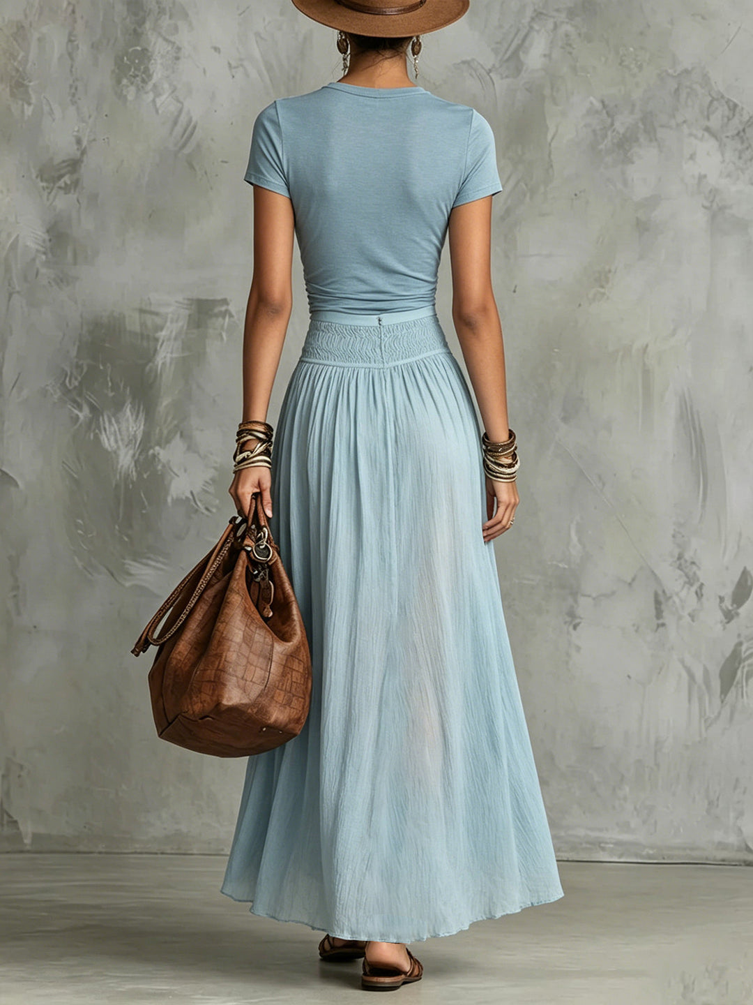 Sky Blue Knot Top & Slit Skirt Set