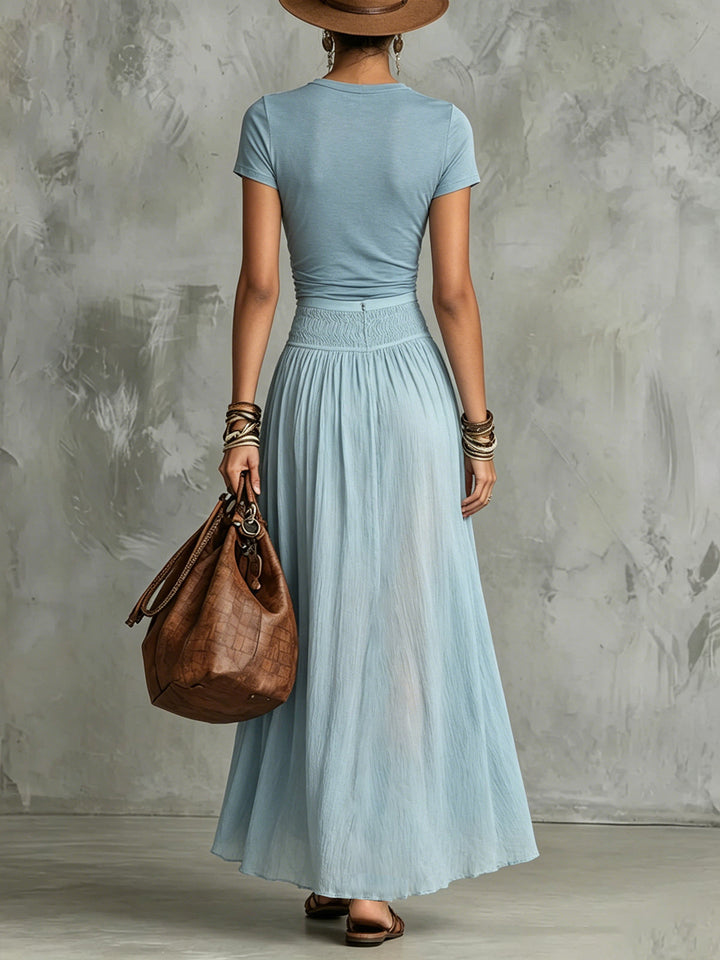 Sky Blue Knot Top & Slit Skirt Set