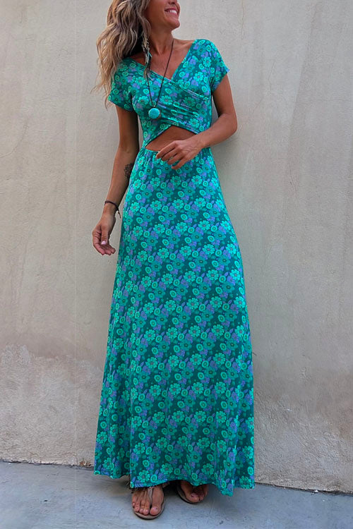 Margovil One Dress Two Ways Short Sleeve Floral Printed Maxi Dress