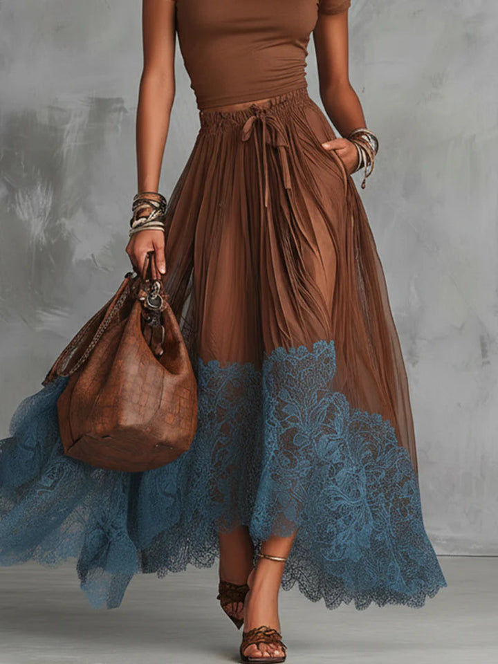 Brown & Blue Lace Tulle Skirt Set