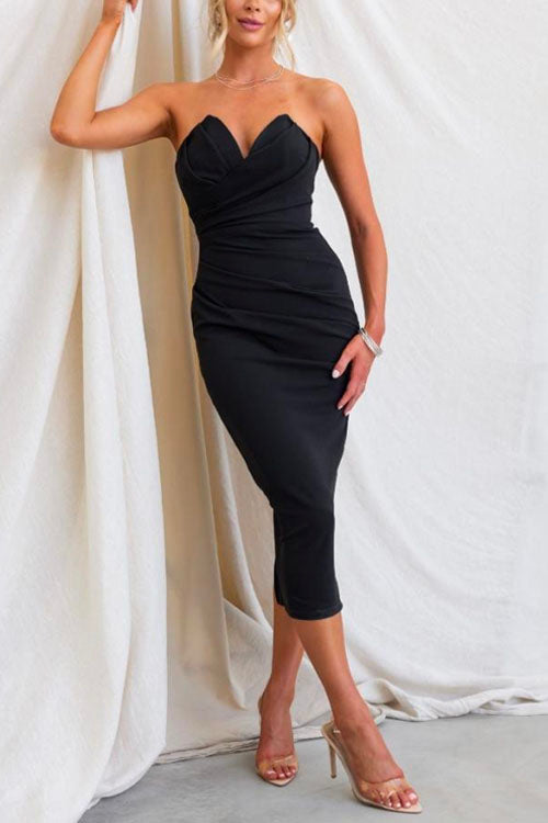 Strapless Tube Top Ruched Back Slit Midi Party Dress