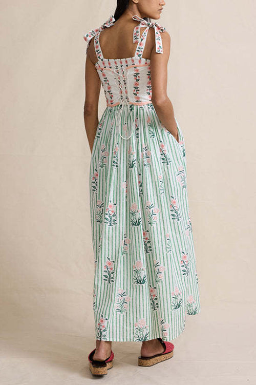 Margovil Tie Shoulder Back Lace-up Striped Floral Maxi Cami Dress