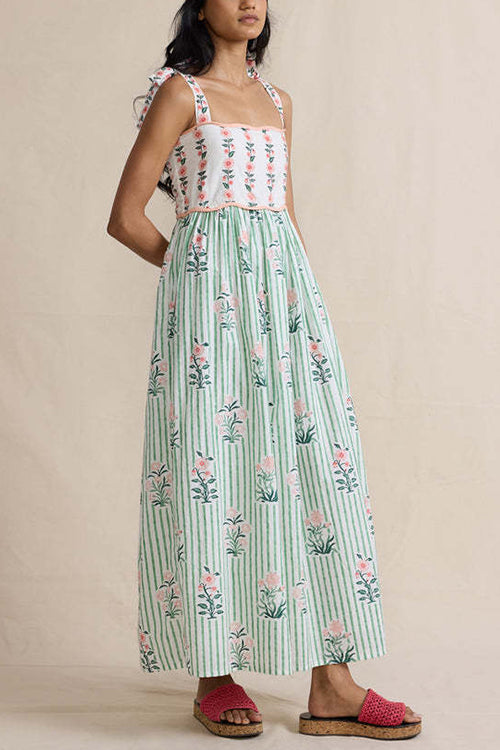 Margovil Tie Shoulder Back Lace-up Striped Floral Maxi Cami Dress