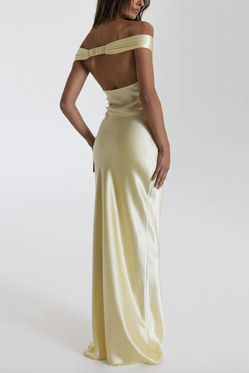 Margovil Off Shoulder Backless Cut Out Satin Maxi Dress
