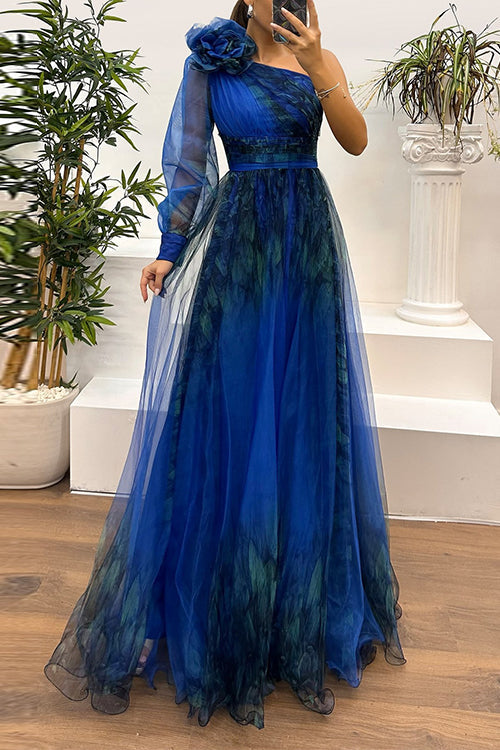 Margovil One Shoulder Long Sleeve Mesh Printed Slit Maxi Dress