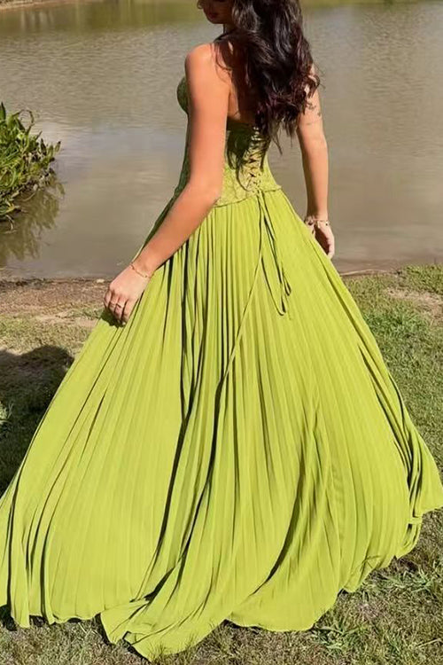 Margovil Halter Neck Back Lace-up Pleated Maxi Dress