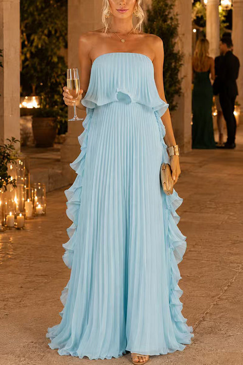 Margovil Strapless Tube Ruffle Pleated Swing Maxi Dress
