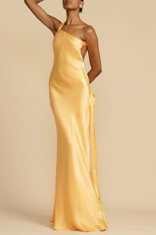 One Shoulder Backless Satin Maxi Party Dress