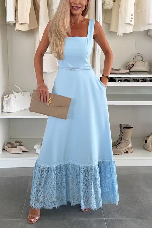 Square Neck Pocketed Lace Splice Maxi Cami Dress