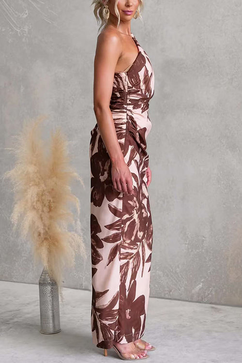 Tie Knot One Shoulder Sleeveless Floral Print Maxi Dress