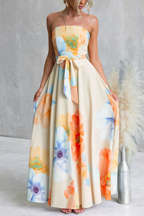 Strapless Bow Waist Floral Print Swing Maxi Dress