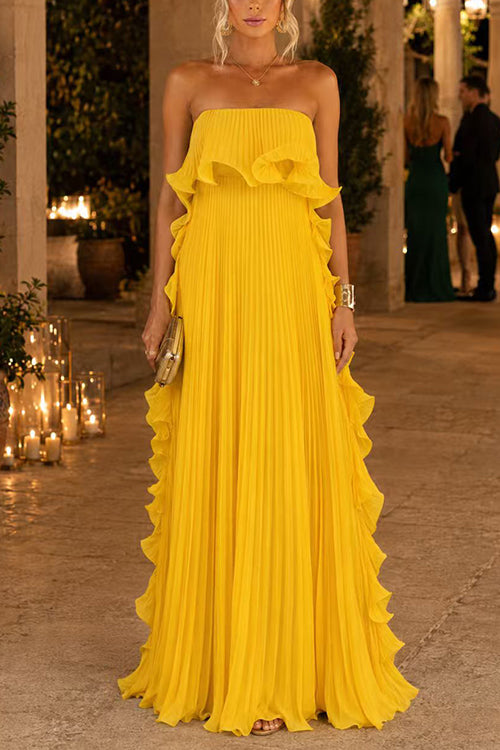 Margovil Strapless Tube Ruffle Pleated Swing Maxi Dress