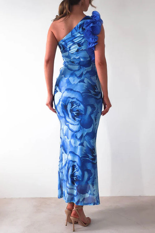 Margovil Ruffle One Shoulder Floral Print Bodycon Maxi Dress