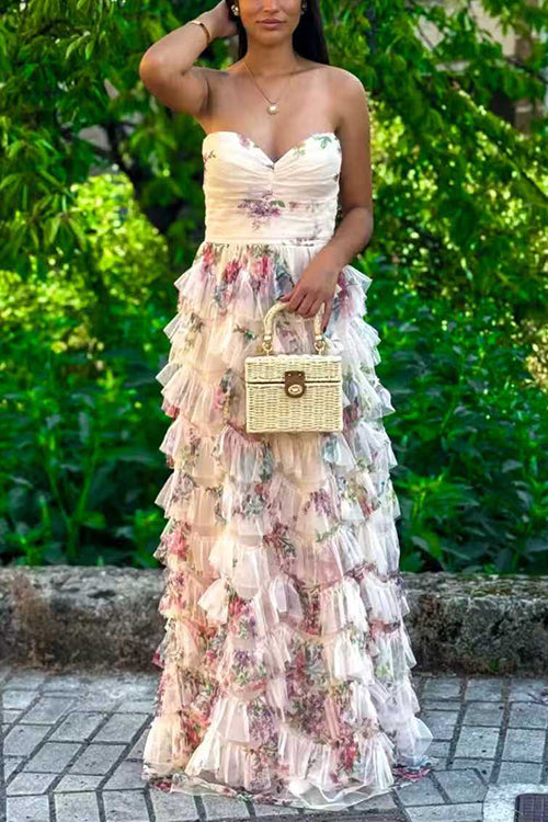 Strapless Floral Print Ruffle Layered Maxi Dress
