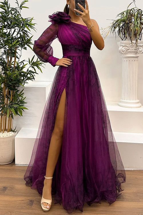 Margovil One Shoulder Long Sleeve High Waist Printed Mesh Slit Maxi Dress