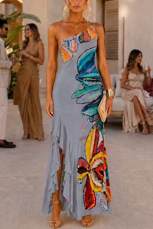 One Shoulder Floral Print Ruffle Hem Slit Maxi Dress