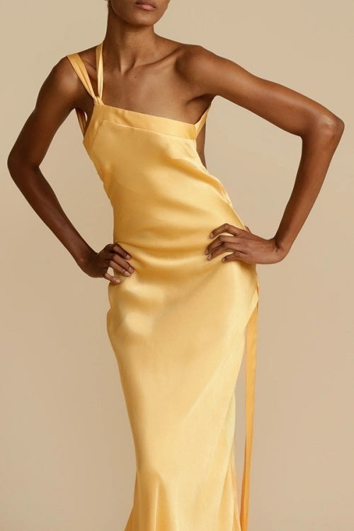 One Shoulder Backless Satin Maxi Party Dress