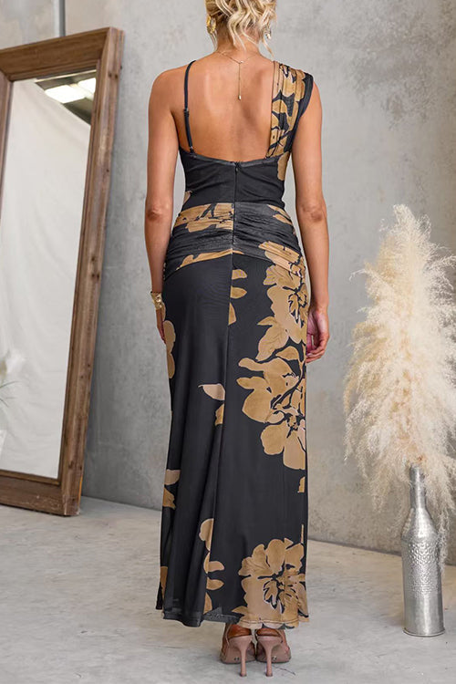 One Shoulder Ruched Floral Print Maxi Dress with Statement Strap