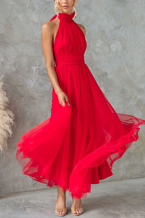 Margovil Bow Knot Halter Open Back Tulle Maxi Dress
