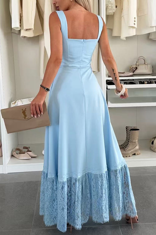 Square Neck Sleeveless Lace Splice Maxi Dress