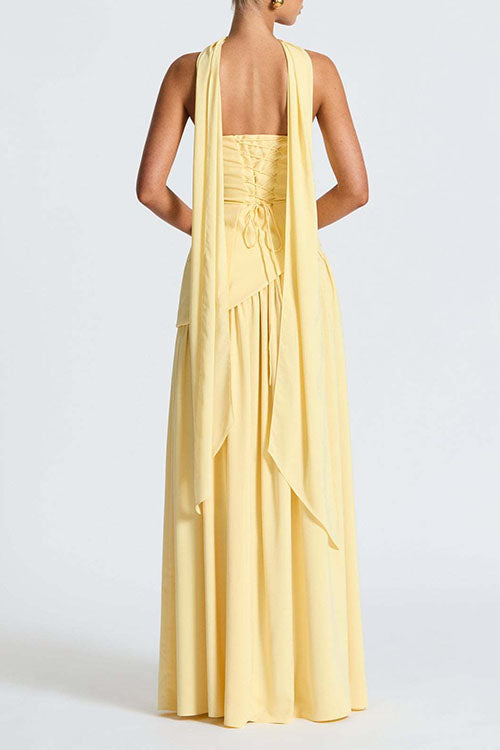 Margovil Strapless Back Lace-up High Slit Splice Maxi Dress