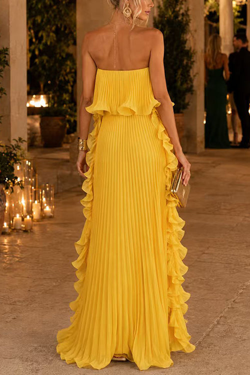 Margovil Strapless Tube Ruffle Pleated Swing Maxi Dress