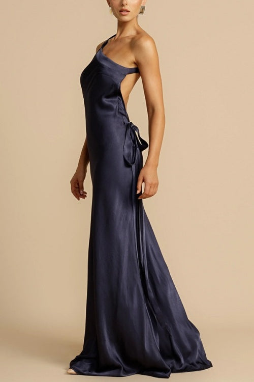 One Shoulder Backless Satin Maxi Party Dress