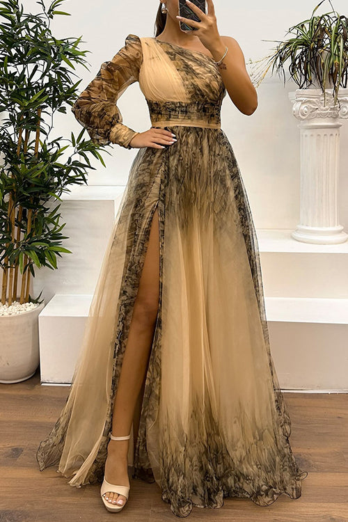 Margovil One Shoulder Long Sleeve Mesh Printed Slit Maxi Dress