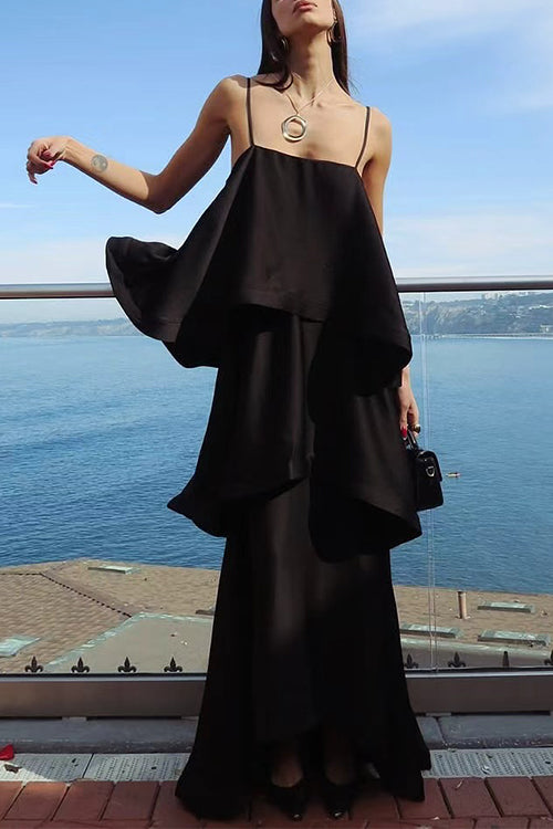 Margovil Spaghetti Strap Ruffle Layered Satin Maxi Dress