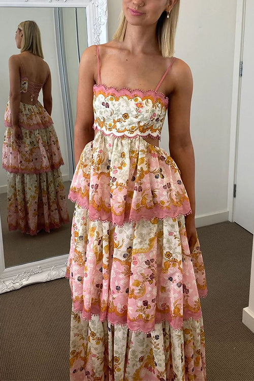 Margovil Spaghetti Strap Back Lace-up Ruffle Layered Floral Print Maxi Dress