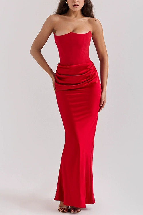Margovil Strapless Ruched Satin Splice Bodycon Maxi Dress