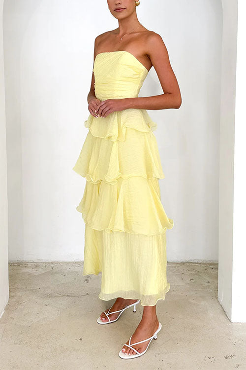 Margovil Strapless Empire Waist Ruffle Layered Maxi Dress