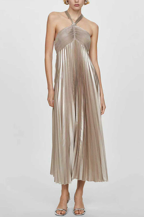 Halter Neck Pleated Metallic Maxi Dress