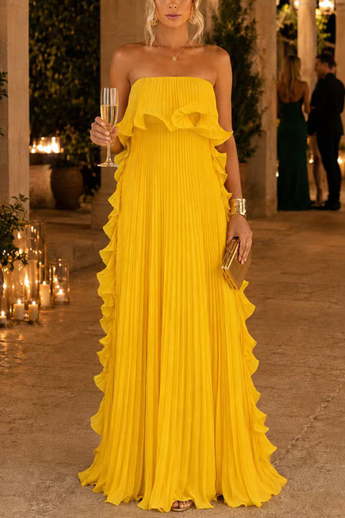 Margovil Strapless Tube Ruffle Pleated Swing Maxi Dress