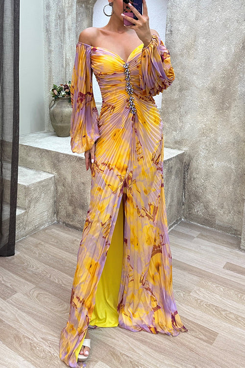 Margovil Off Shoulder Rhinestones Detail Printed Slit Pleated Maxi Dress