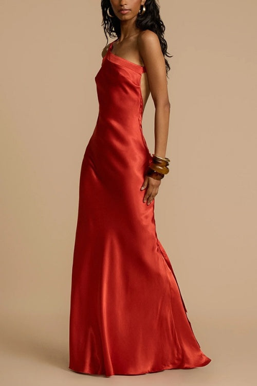 One Shoulder Backless Satin Maxi Party Dress