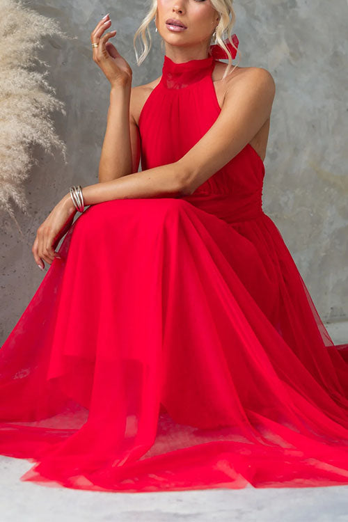 Margovil Bow Knot Halter Open Back Tulle Maxi Dress