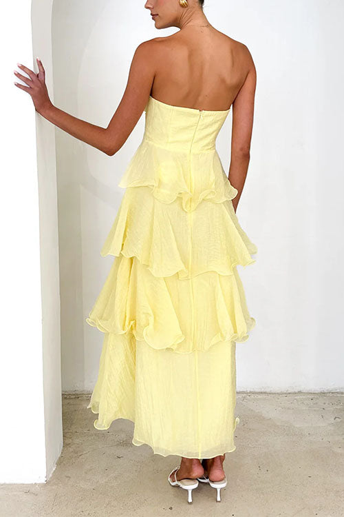 Margovil Strapless Empire Waist Ruffle Layered Maxi Dress