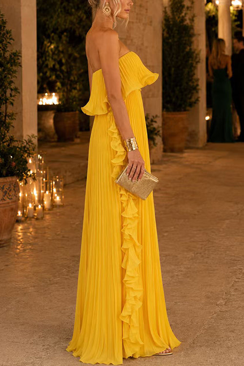 Margovil Elegant Strapless Tube Ruffle Pleated Maxi Dress
