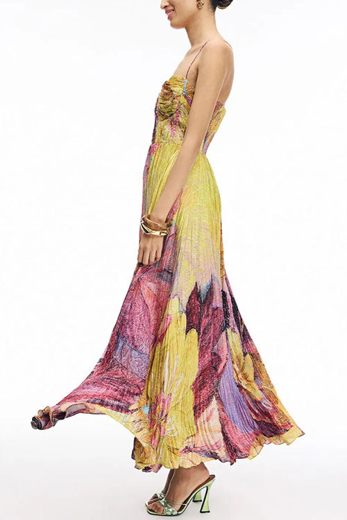 Spaghetti Strap Waisted Floral Print Pleated Swing Maxi Dress