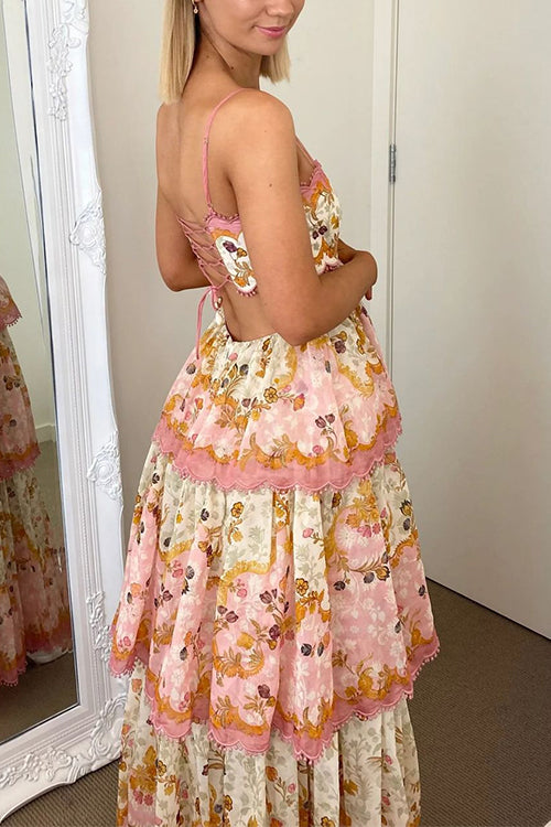 Margovil Spaghetti Strap Back Lace-up Ruffle Layered Floral Print Maxi Dress