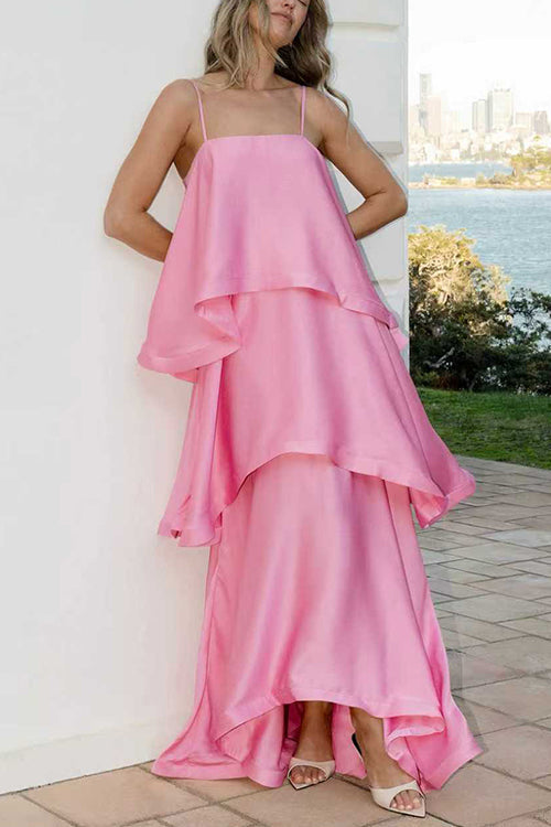Margovil Spaghetti Strap Ruffle Layered Satin Maxi Dress